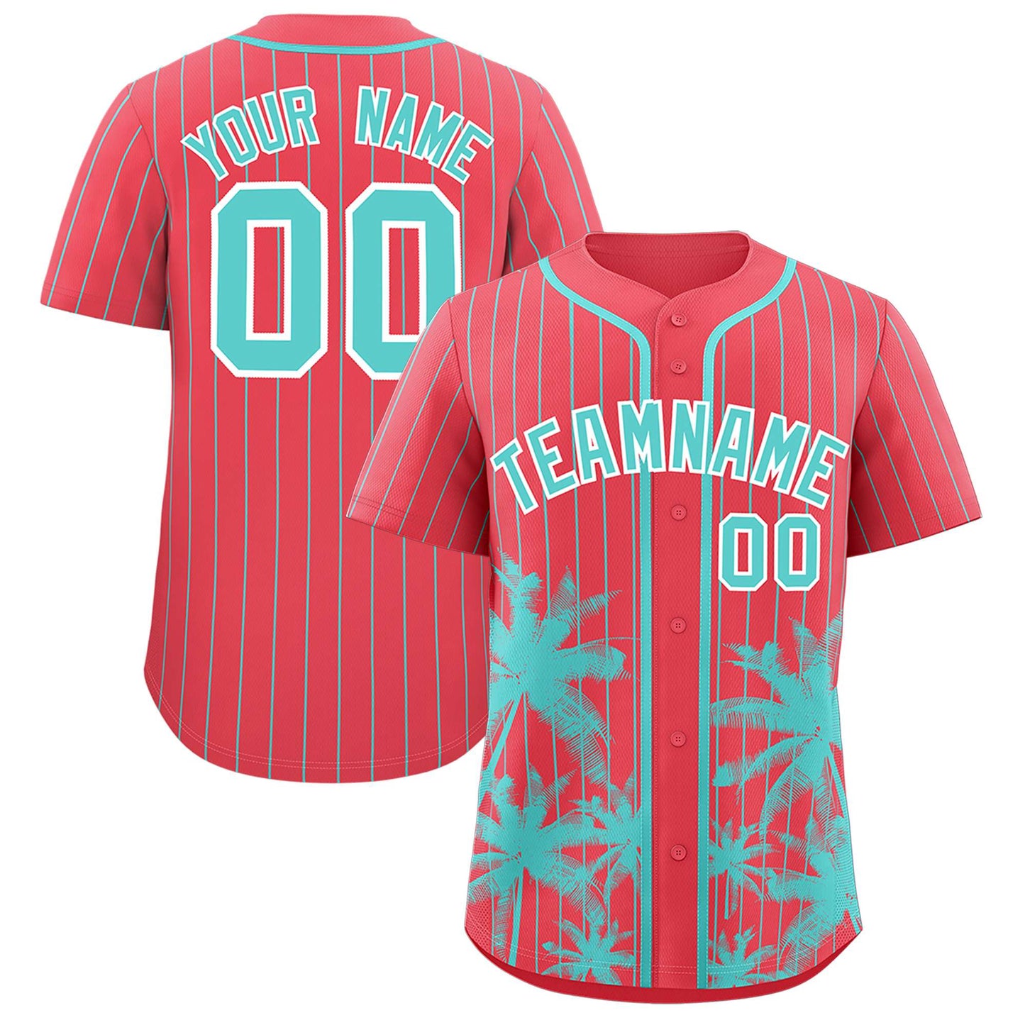 Custom Light Red Bright Green Pinstripe Coconut Tree Pattern Authentic Baseball Jersey