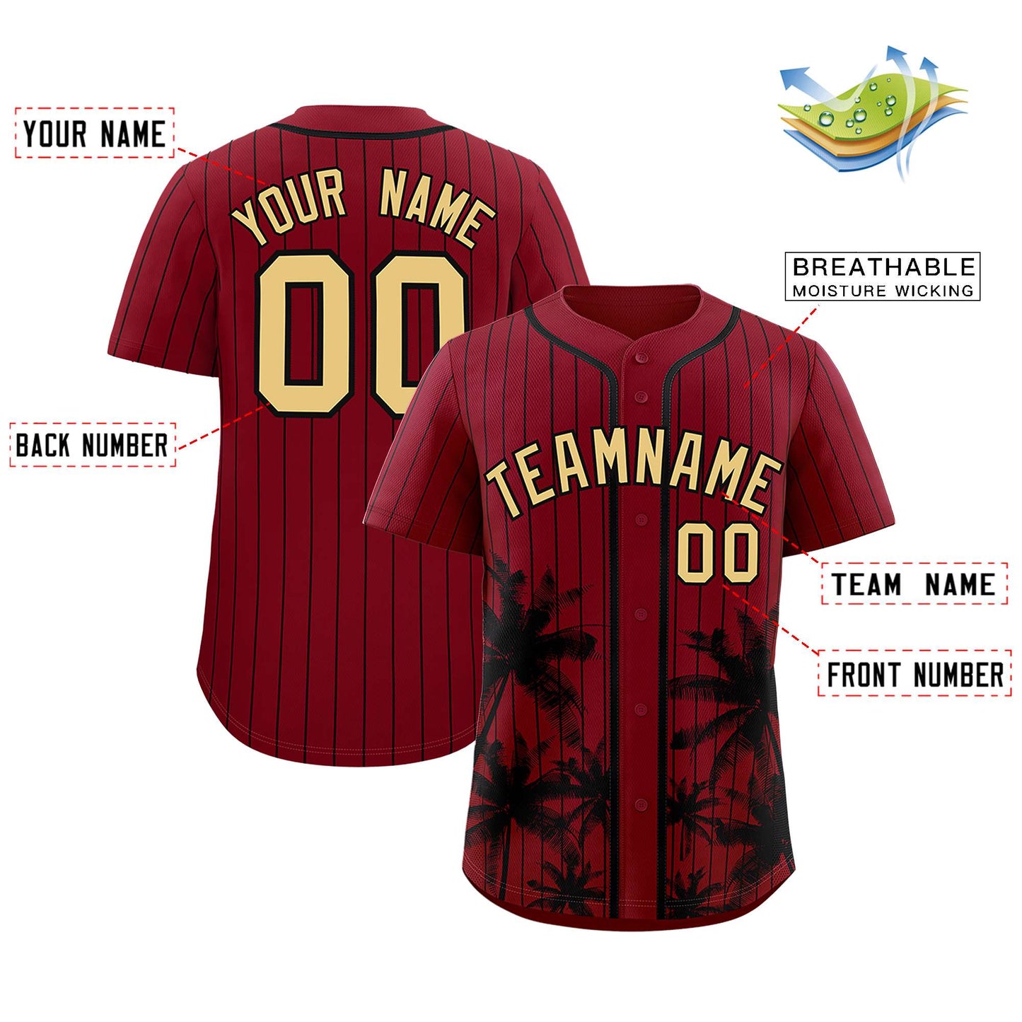 Custom Crimson Black Pinstripe Coconut Tree Pattern Authentic Baseball Jersey