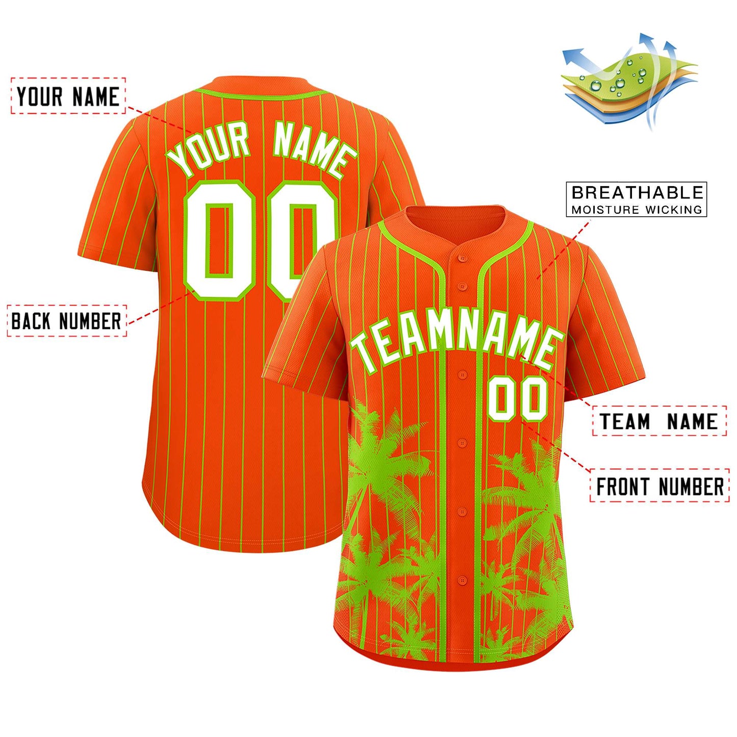 Custom Orange Neon Green Pinstripe Coconut Tree Pattern Authentic Baseball Jersey