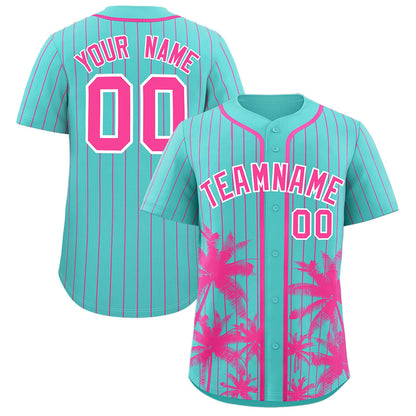 Custom Bright Green Pink Pinstripe Coconut Tree Pattern Authentic Baseball Jersey