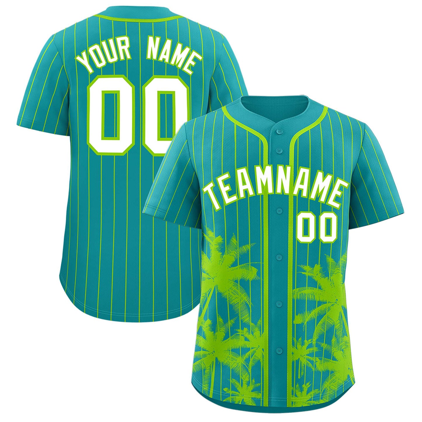 Custom Aqua Neon Green Pinstripe Coconut Tree Pattern Authentic Baseball Jersey