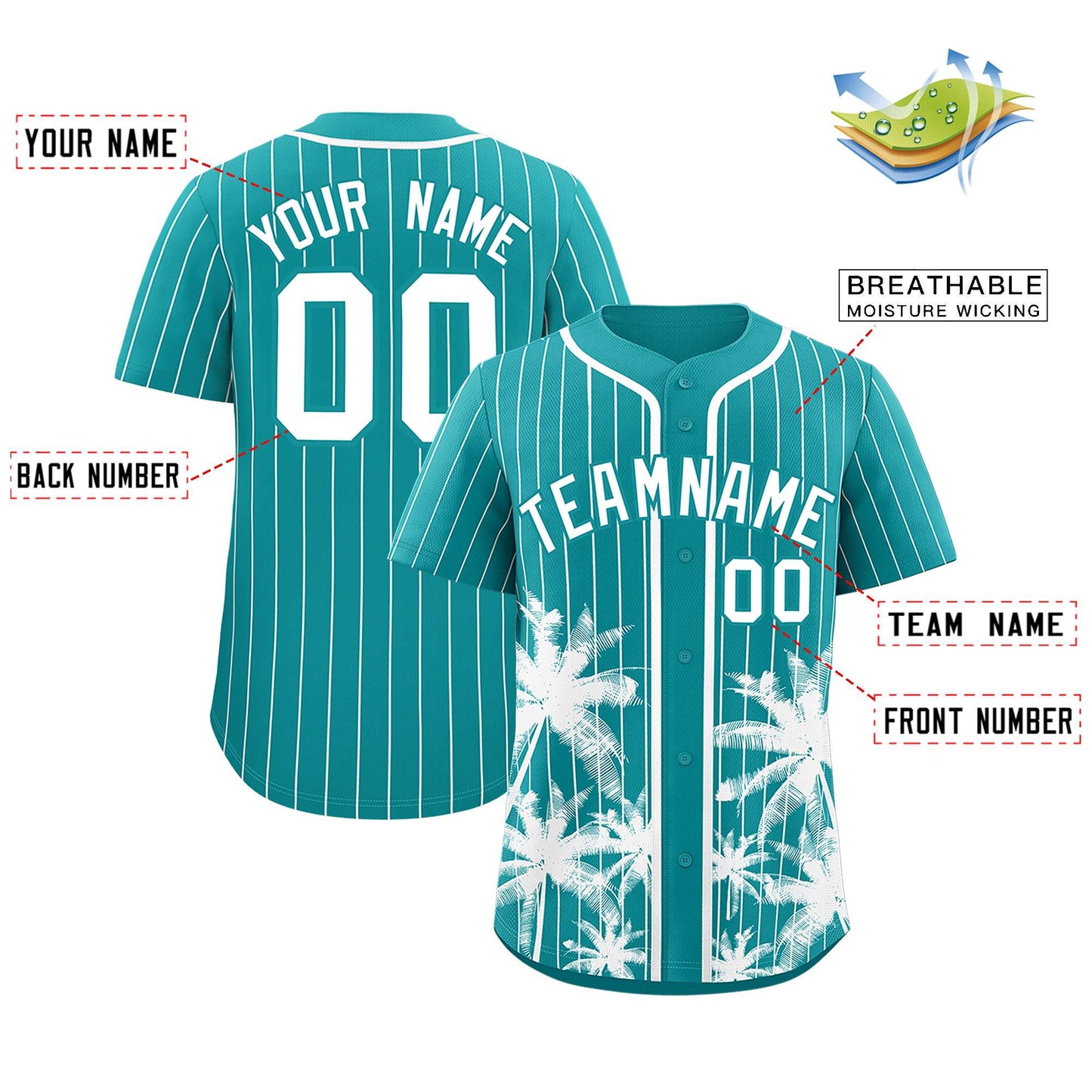 Custom Aqua White Pinstripe Coconut Tree Pattern Authentic Baseball Jersey