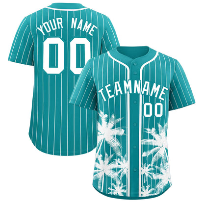 Custom Aqua White Pinstripe Coconut Tree Pattern Authentic Baseball Jersey