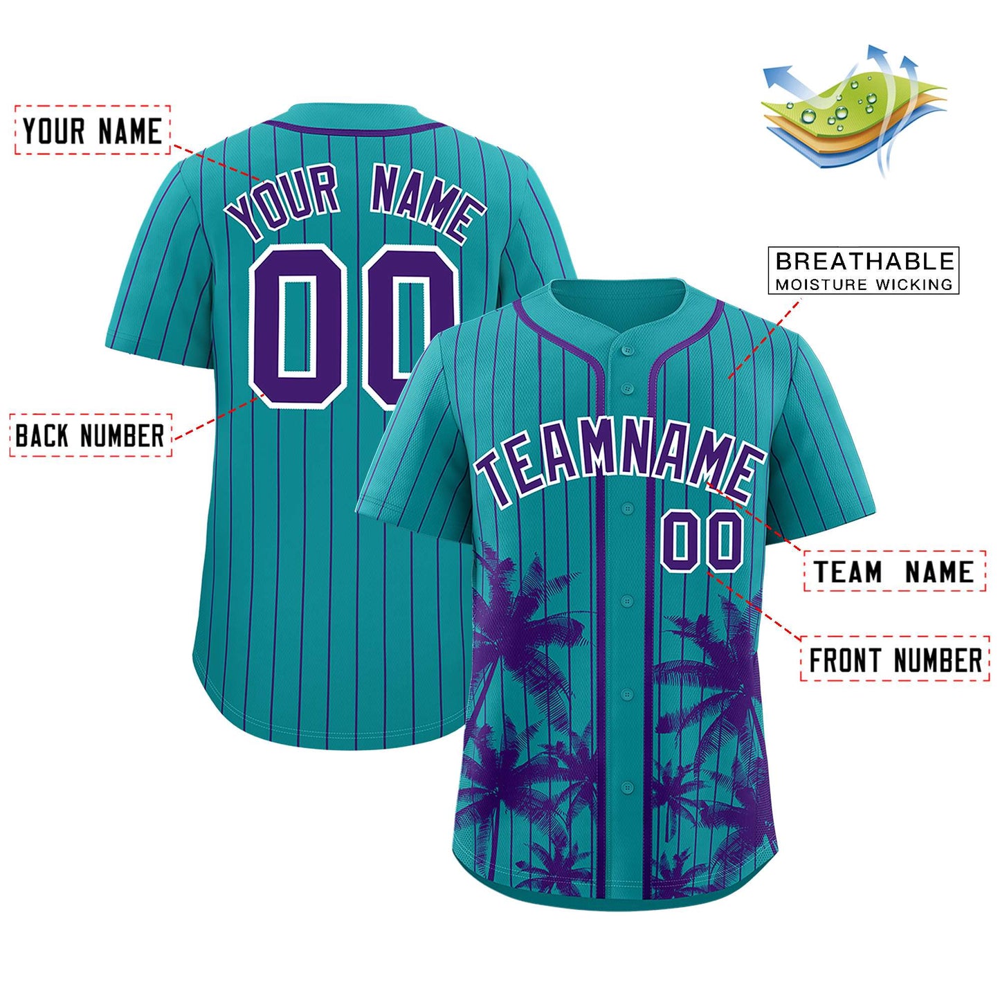 Custom Aqua Purple Pinstripe Coconut Tree Pattern Authentic Baseball Jersey