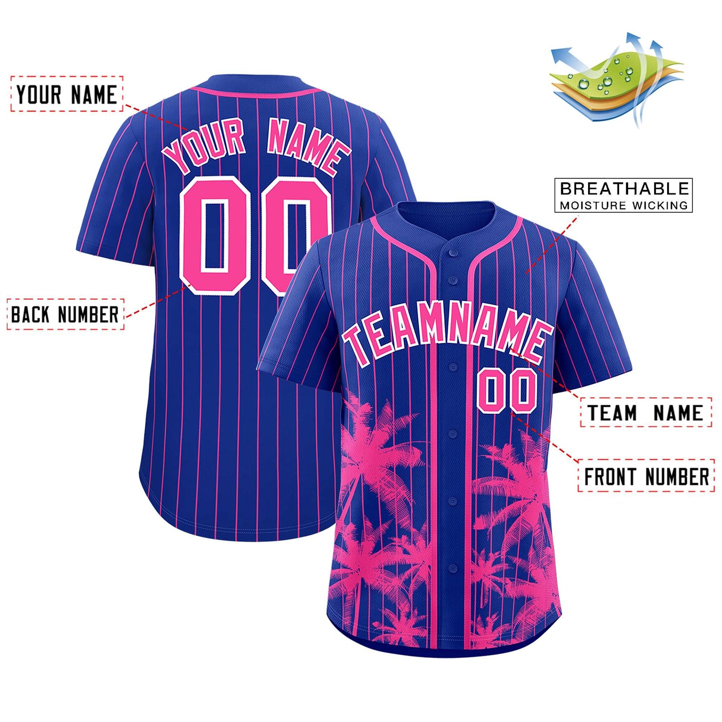 Custom Royal Pink Pinstripe Coconut Tree Pattern Authentic Baseball Jersey