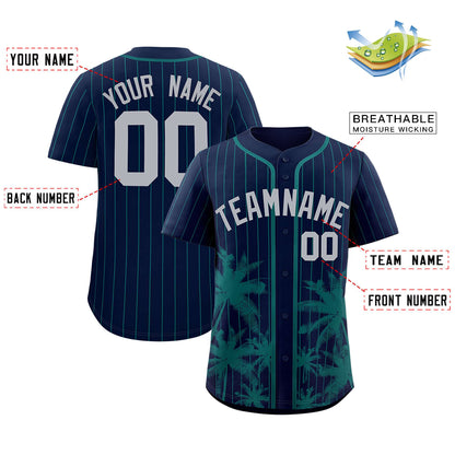 Custom Navy Aqua Pinstripe Coconut Tree Pattern Authentic Baseball Jersey