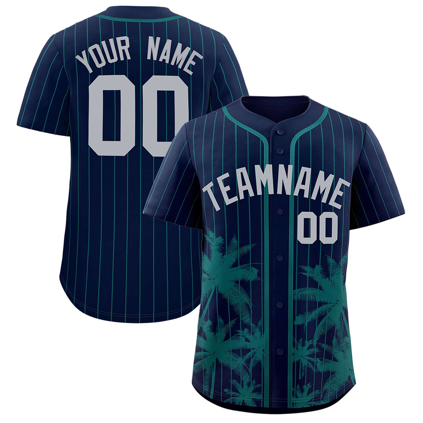 Custom Navy Aqua Pinstripe Coconut Tree Pattern Authentic Baseball Jersey