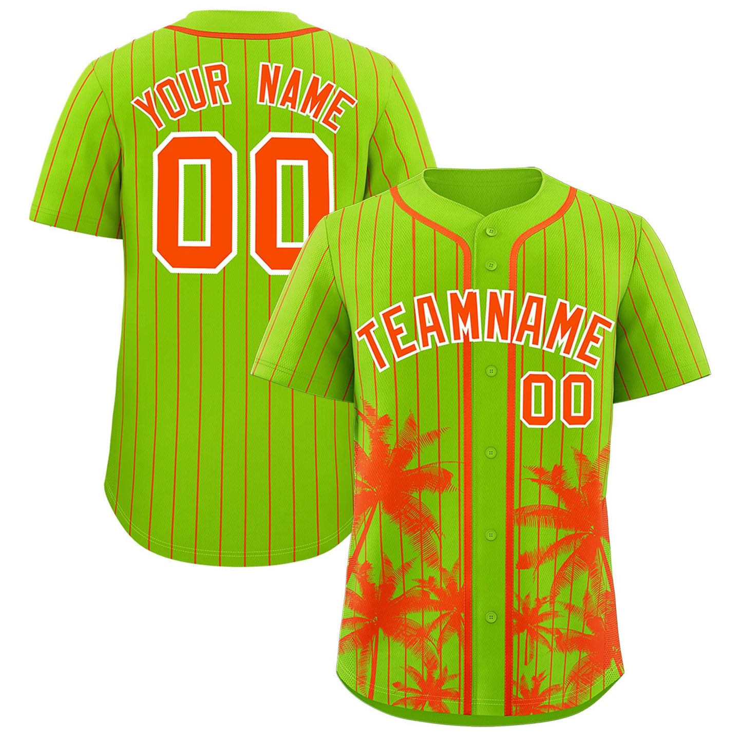 Custom Neon Green Orange Pinstripe Coconut Tree Pattern Authentic Baseball Jersey