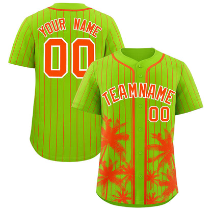 Custom Neon Green Orange Pinstripe Coconut Tree Pattern Authentic Baseball Jersey