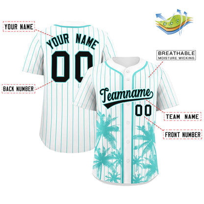 Custom White Bright Green Pinstripe Coconut Tree Pattern Authentic Baseball Jersey