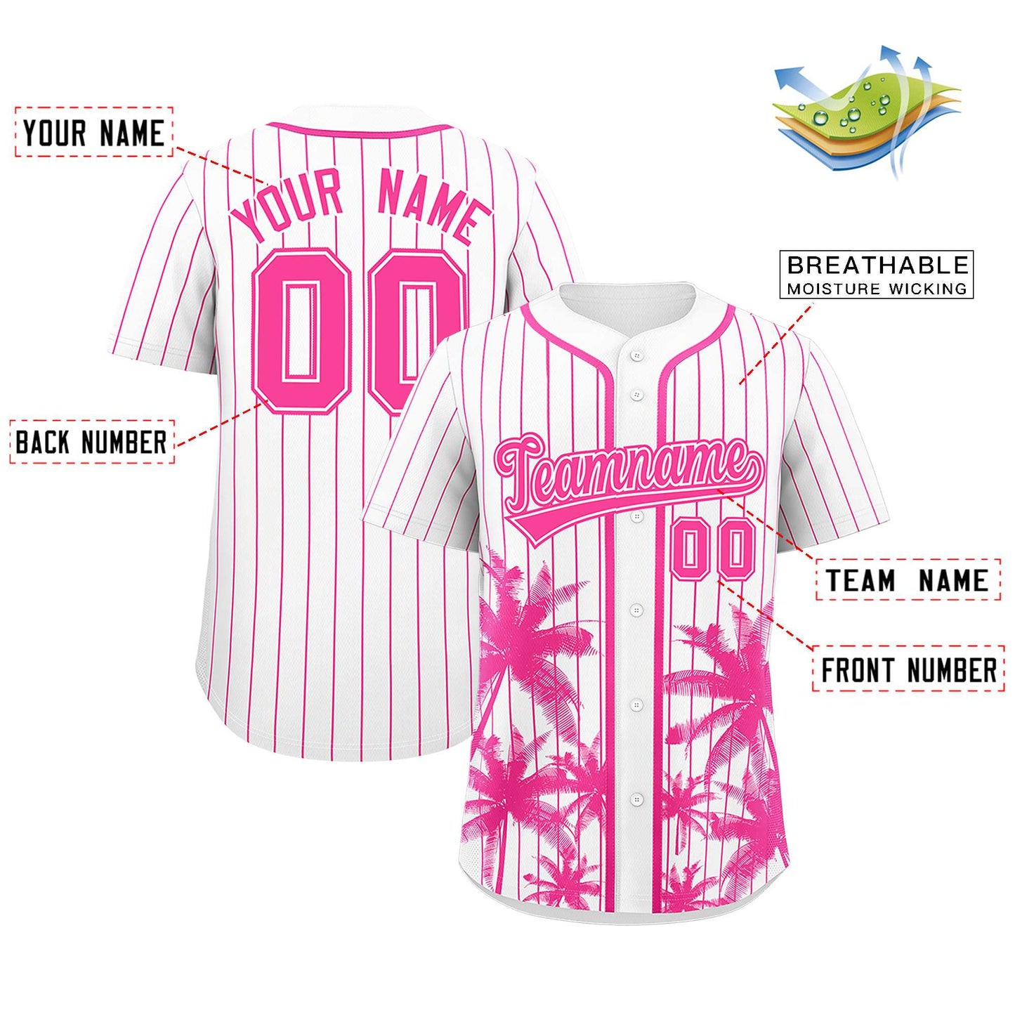 Custom White Pink Pinstripe Coconut Tree Pattern Authentic Baseball Jersey