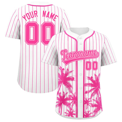 Custom White Pink Pinstripe Coconut Tree Pattern Authentic Baseball Jersey