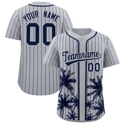 Custom Gray Navy Pinstripe Coconut Tree Pattern Authentic Baseball Jersey