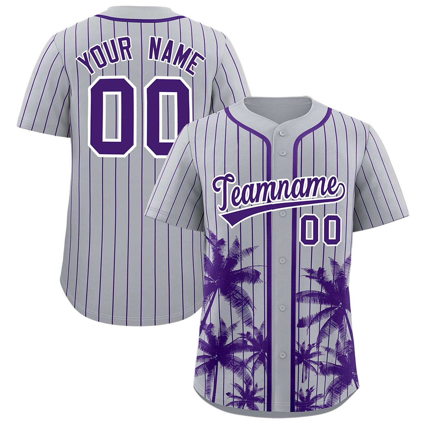 Custom Gray Purple Pinstripe Coconut Tree Pattern Authentic Baseball Jersey