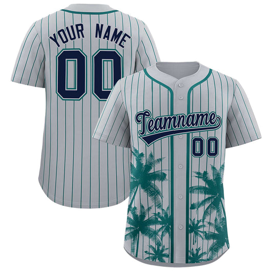 Custom Gray Aqua Pinstripe Coconut Tree Pattern Authentic Baseball Jersey