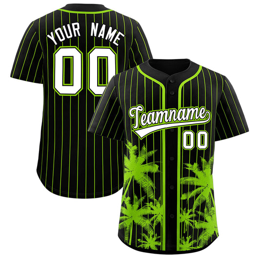 Custom Black Neon Green Pinstripe Coconut Tree Pattern Authentic Baseball Jersey