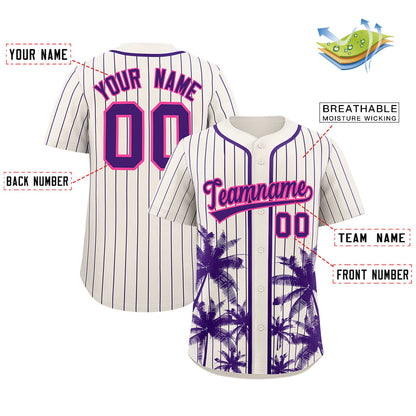 Custom Cream Purple Pinstripe Coconut Tree Pattern Authentic Baseball Jersey