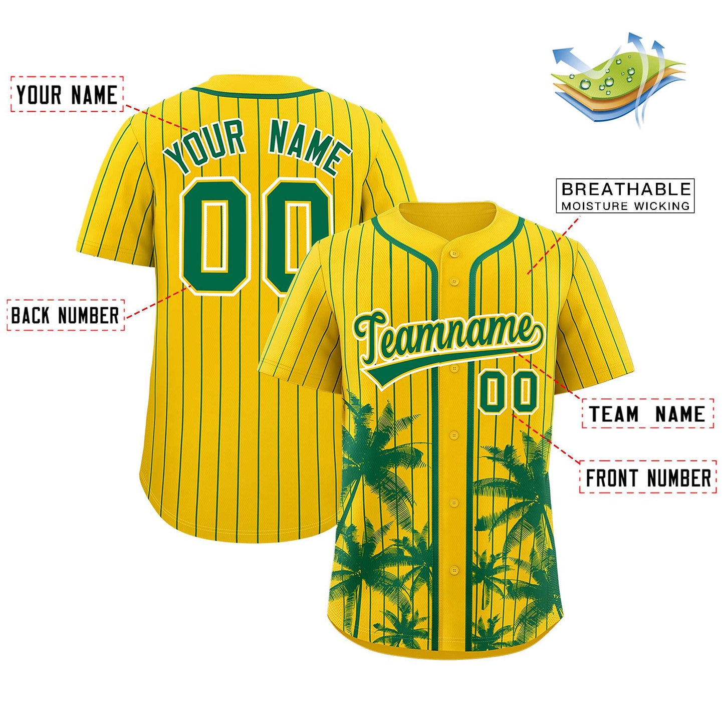 Custom Gold Kelly Green Pinstripe Coconut Tree Pattern Authentic Baseball Jersey