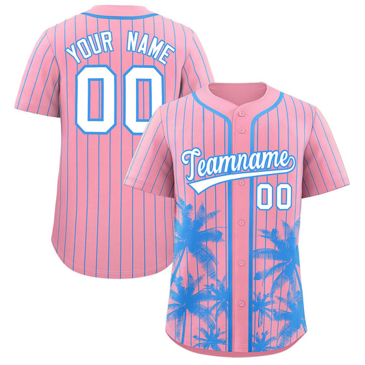 Custom Light Pink Powder Blue Pinstripe Coconut Tree Pattern Authentic Baseball Jersey