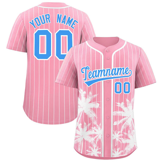 Custom Light Pink White Pinstripe Coconut Tree Pattern Authentic Baseball Jersey