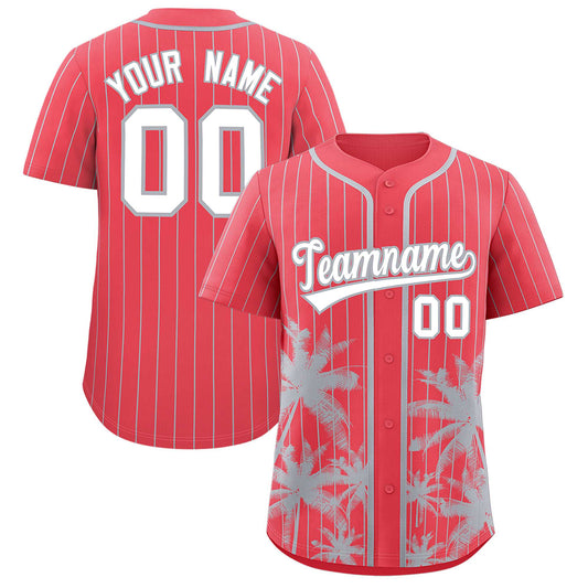 Custom Light Red Gray Pinstripe Coconut Tree Pattern Authentic Baseball Jersey