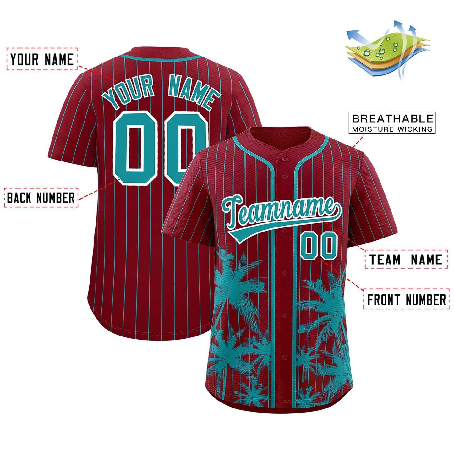 Custom Crimson Aqua Pinstripe Coconut Tree Pattern Authentic Baseball Jersey