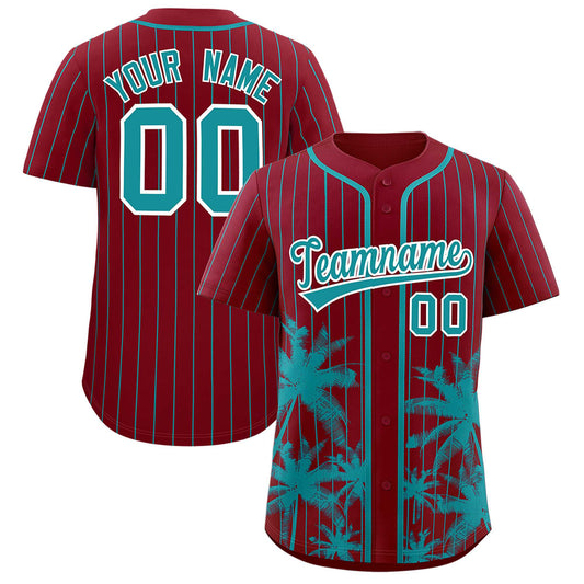 Custom Crimson Aqua Pinstripe Coconut Tree Pattern Authentic Baseball Jersey