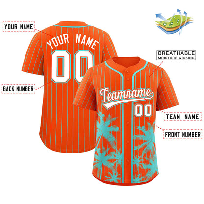 Custom Orange Aqua Pinstripe Coconut Tree Pattern Authentic Baseball Jersey