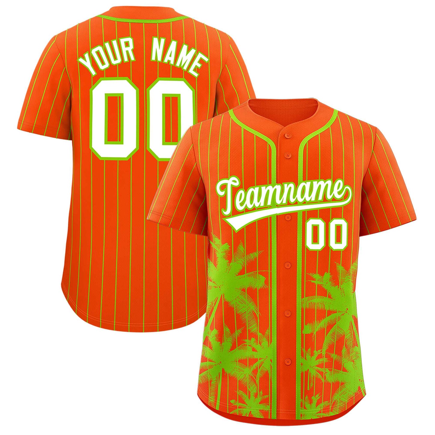 Custom Orange Neon Green Pinstripe Coconut Tree Pattern Authentic Baseball Jersey