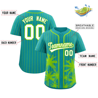 Custom Aqua Neon Green Pinstripe Coconut Tree Pattern Authentic Baseball Jersey