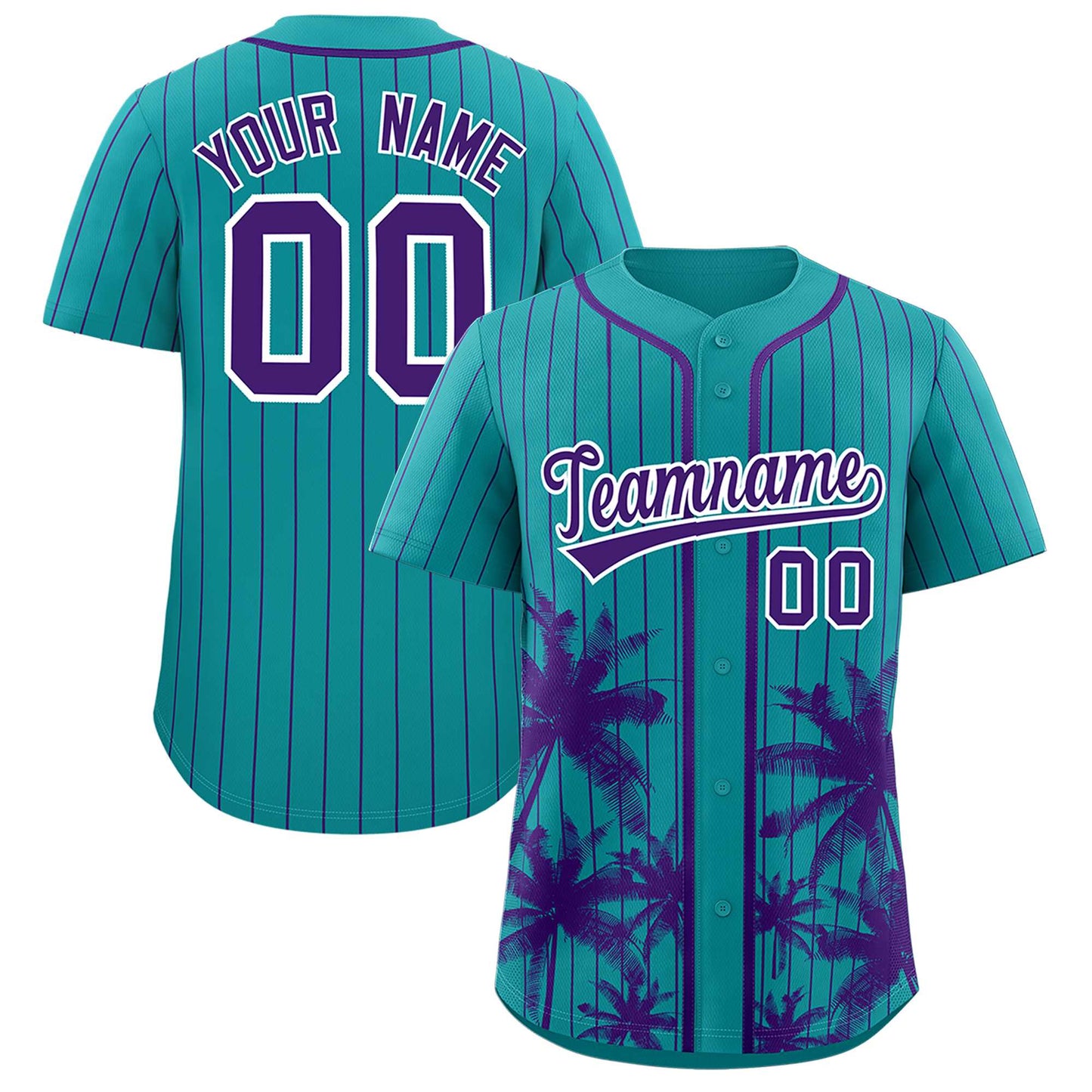 Custom Aqua Purple Pinstripe Coconut Tree Pattern Authentic Baseball Jersey