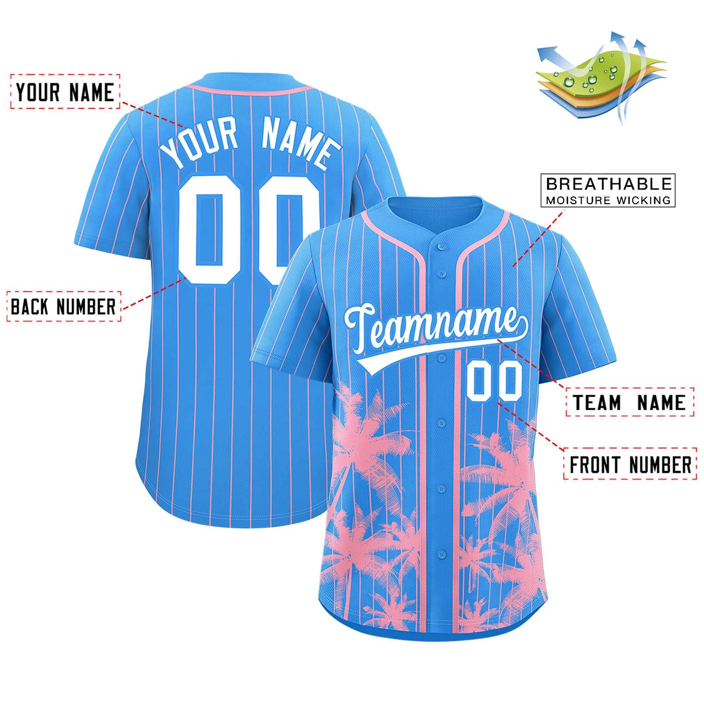 Custom Powder Blue Light Pink Pinstripe Coconut Tree Pattern Authentic Baseball Jersey