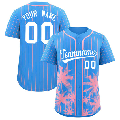 Custom Powder Blue Light Pink Pinstripe Coconut Tree Pattern Authentic Baseball Jersey