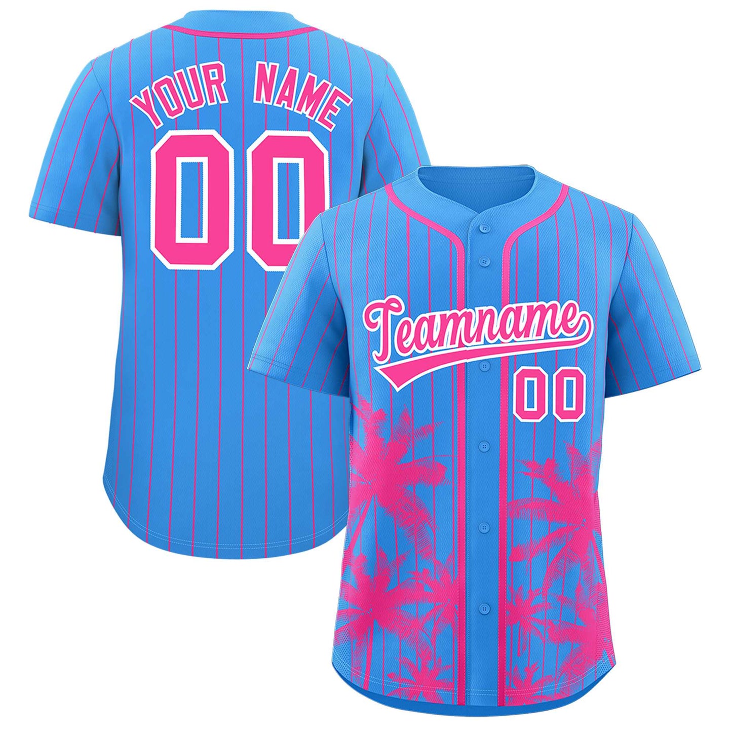 Custom Powder Blue Pink Pinstripe Coconut Tree Pattern Authentic Baseball Jersey