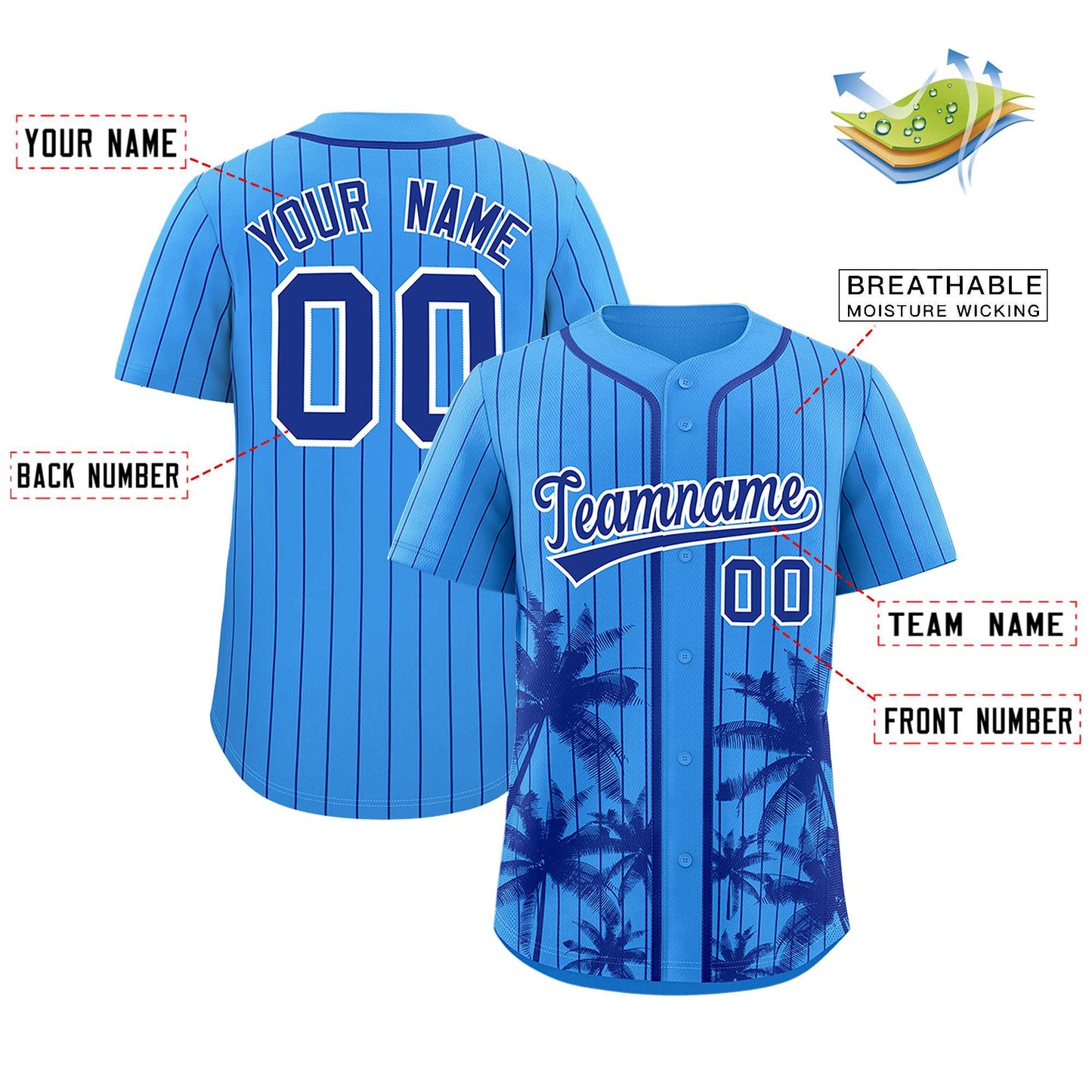 Custom Powder Blue Royal Pinstripe Coconut Tree Pattern Authentic Baseball Jersey