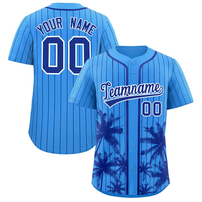 Custom Powder Blue Royal Pinstripe Coconut Tree Pattern Authentic Baseball Jersey