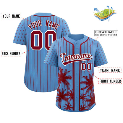 Custom Light Blue Crimson Pinstripe Coconut Tree Pattern Authentic Baseball Jersey