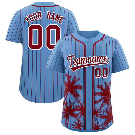 Custom Light Blue Crimson Pinstripe Coconut Tree Pattern Authentic Baseball Jersey