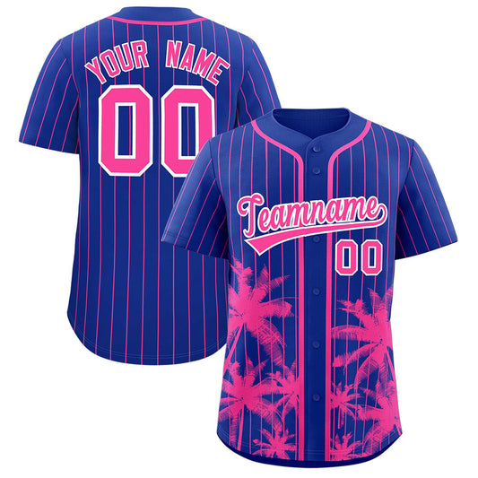 Custom Royal Pink Pinstripe Coconut Tree Pattern Authentic Baseball Jersey