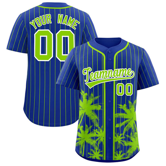 Custom Royal Neon Green Pinstripe Coconut Tree Pattern Authentic Baseball Jersey