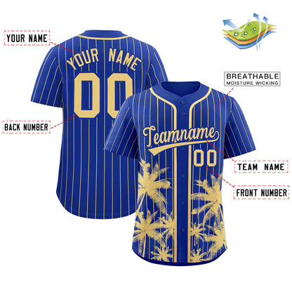 Custom Royal Khaki Pinstripe Coconut Tree Pattern Authentic Baseball Jersey