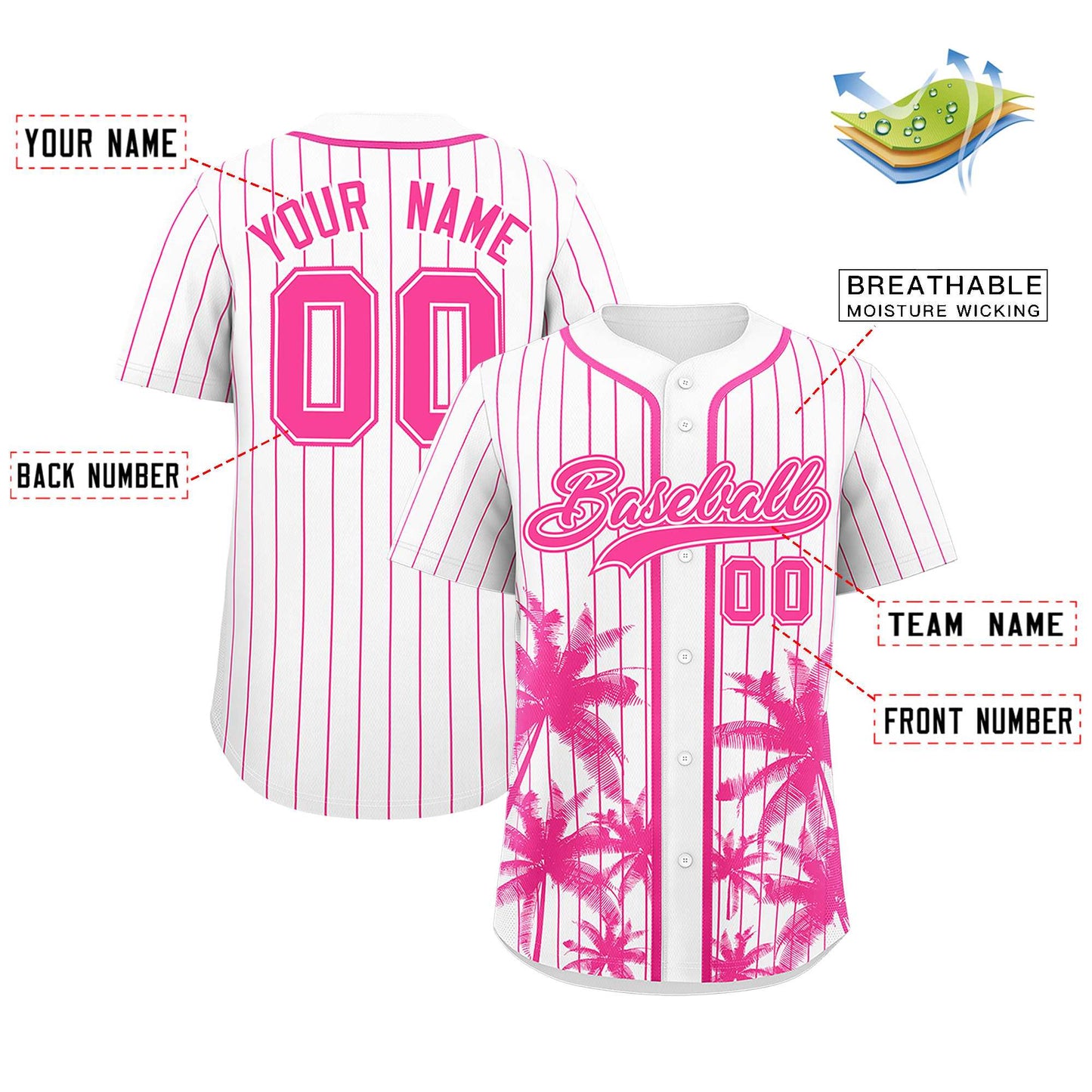 Custom White Pink Pinstripe Coconut Tree Pattern Authentic Baseball Jersey