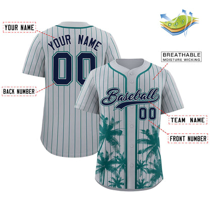 Custom Gray Aqua Pinstripe Coconut Tree Pattern Authentic Baseball Jersey