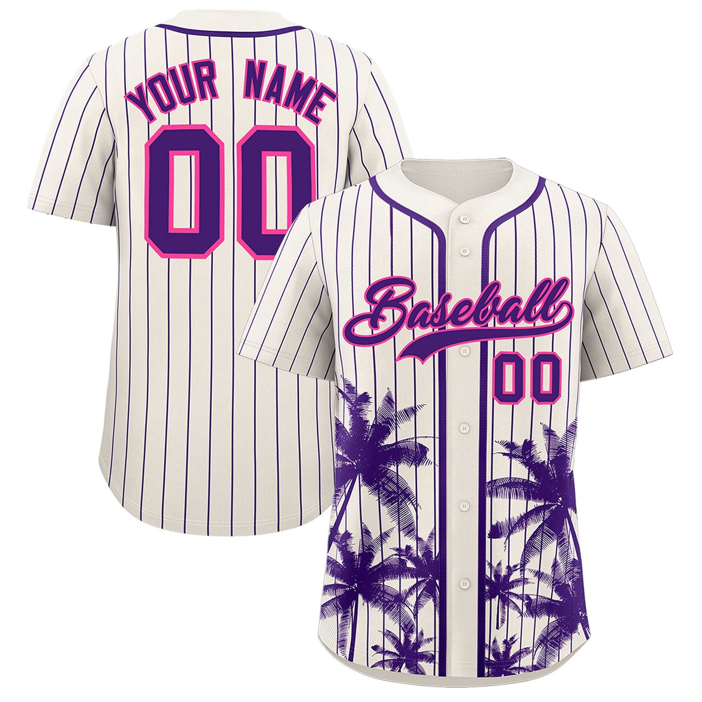 Custom Cream Purple Pinstripe Coconut Tree Pattern Authentic Baseball Jersey