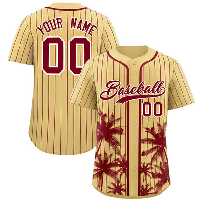 Custom Khaki Crimson Pinstripe Coconut Tree Pattern Authentic Baseball Jersey