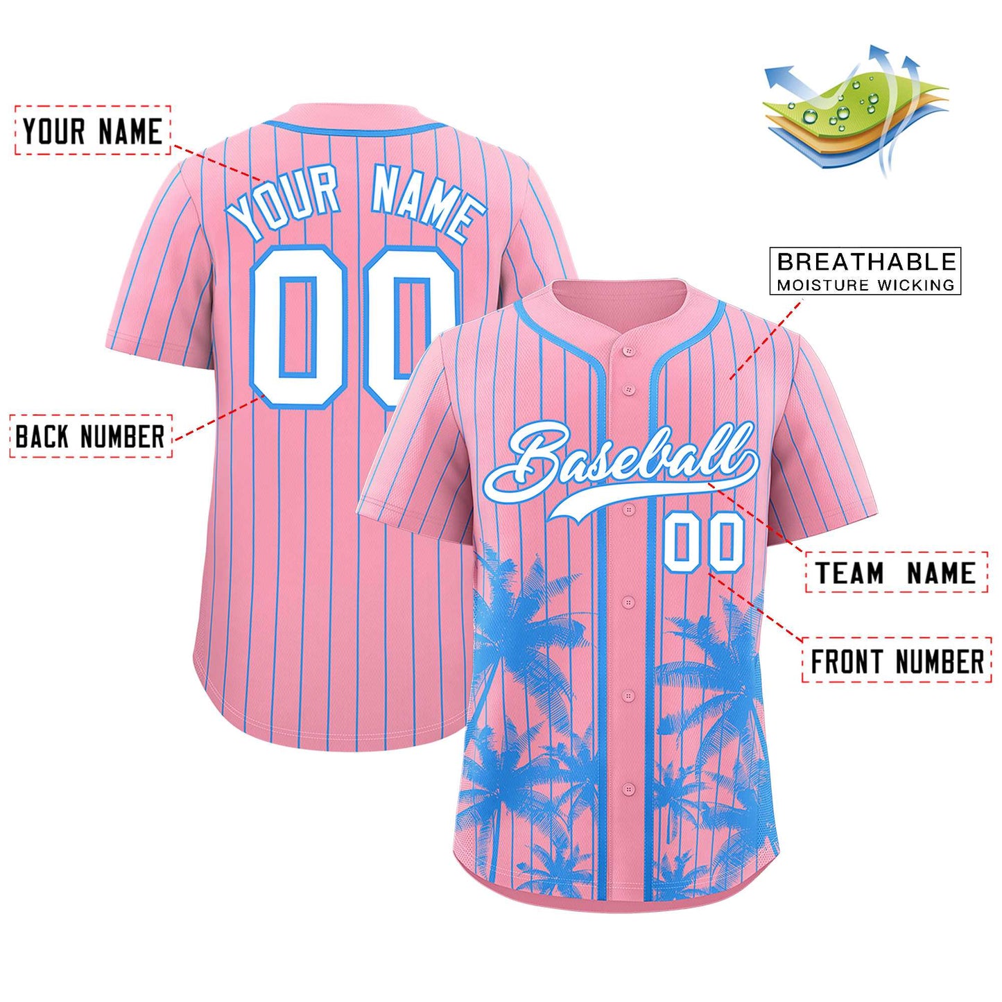 Custom Light Pink Powder Blue Pinstripe Coconut Tree Pattern Authentic Baseball Jersey