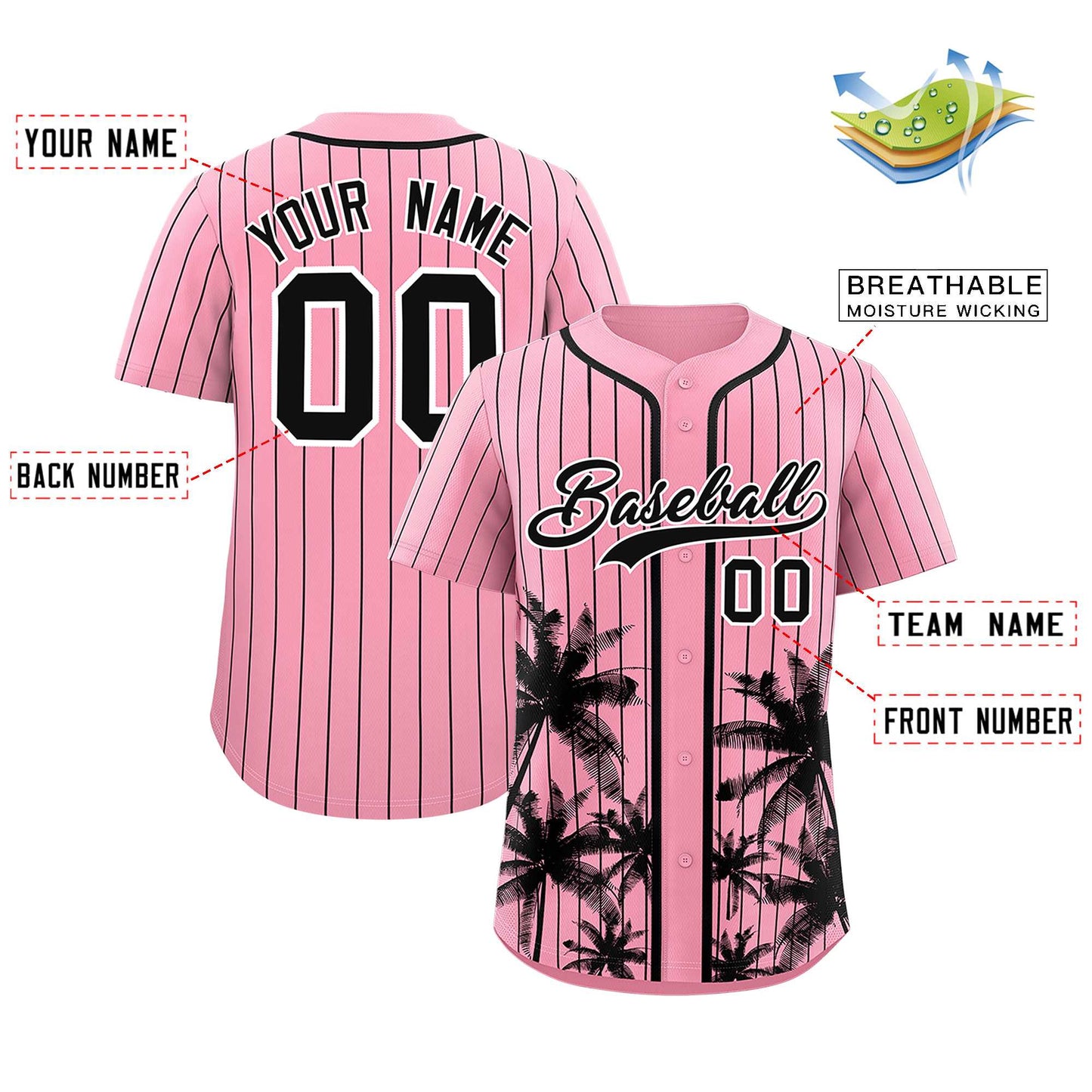 Custom Light Pink Black Pinstripe Coconut Tree Pattern Authentic Baseball Jersey