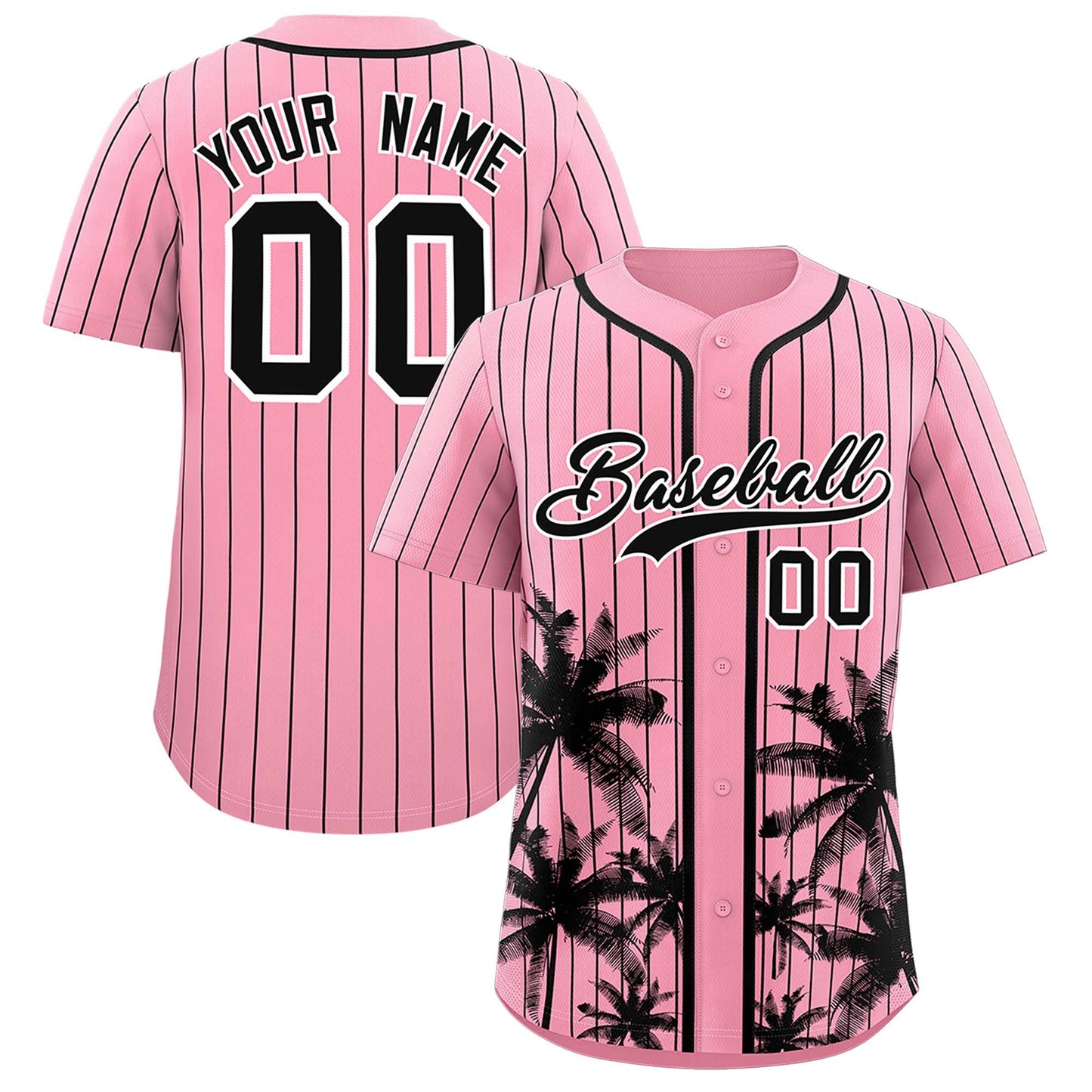 Custom Light Pink Black Pinstripe Coconut Tree Pattern Authentic Baseball Jersey