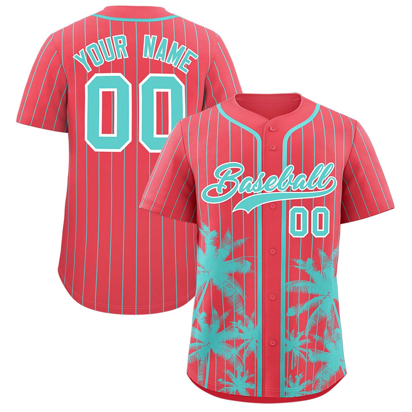 Custom Light Red Bright Green Pinstripe Coconut Tree Pattern Authentic Baseball Jersey