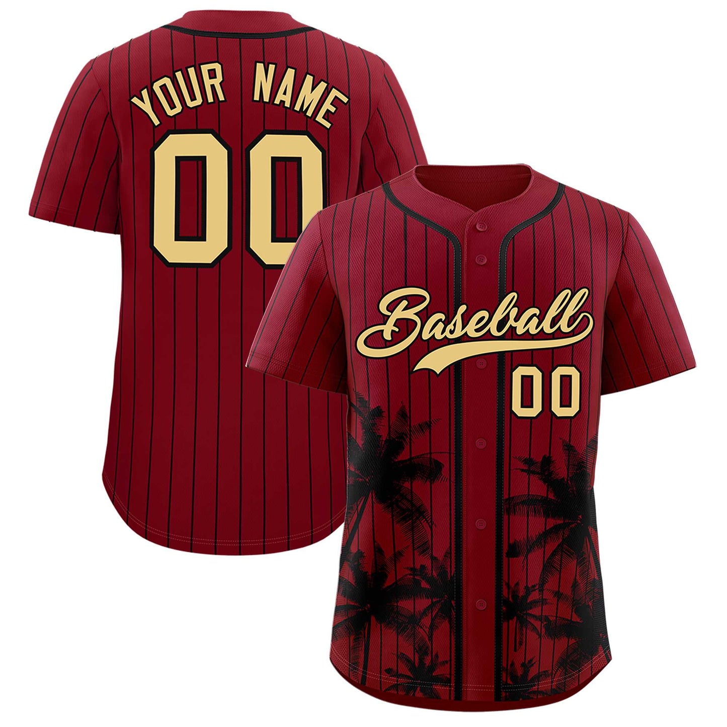 Custom Crimson Black Pinstripe Coconut Tree Pattern Authentic Baseball Jersey